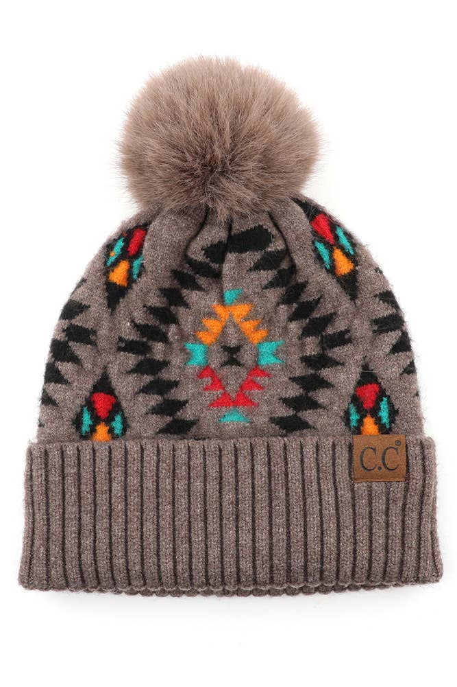 C.C Soft Aztec Pattern Beanie with Faux Fur Pom Taupe